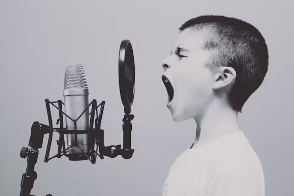 Image représentant un enfant qui crie dans un micro pour symboliser la Communication Non Violente et son importance dans la gestion de conflits. gestion des émotions – Audrey Martin Coaching – accompagnement individuel ou collectif